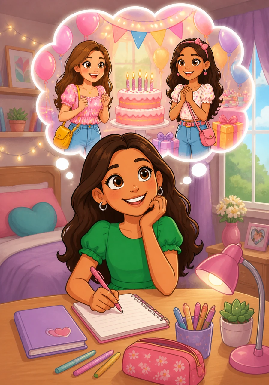 Maya is a bright girl in eighth grade who loves to stay busy. She sits in her room and dreams about her big birthday plans with her best friends.