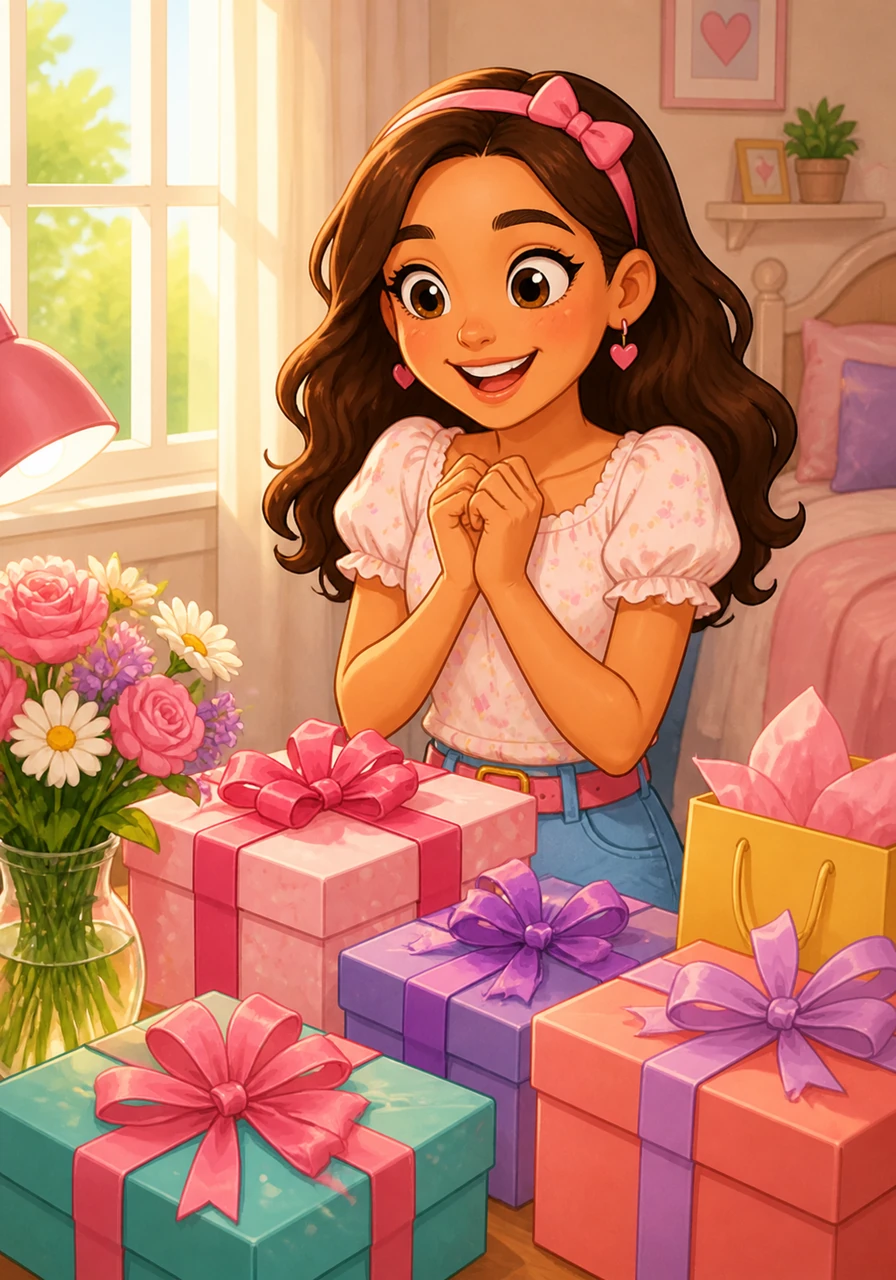 The sun shines on her special day as she wakes up with a wide smile. She sees a pile of gifts on her table and feels very lucky to turn fourteen.