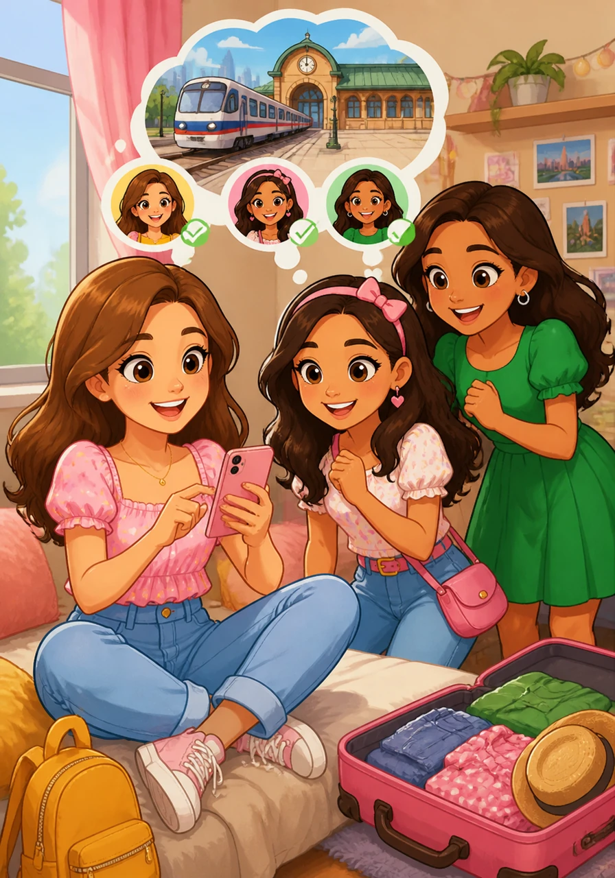 Maya grabs her phone to send a quick text to her main group of friends. They all agree to meet near the train station to start their big trip downtown.