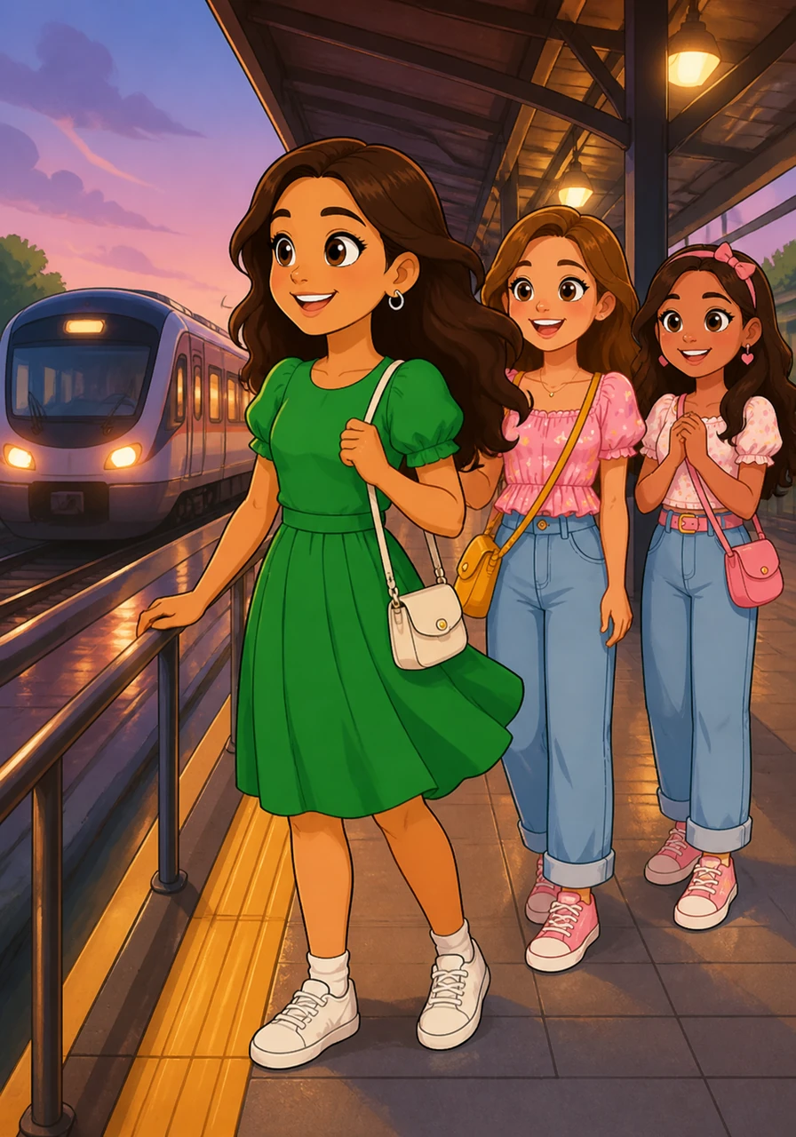 She wears a green dress and a pair of silver earrings for the party. Maya waits on the platform and feels the cool breeze as the train rolls into the station.