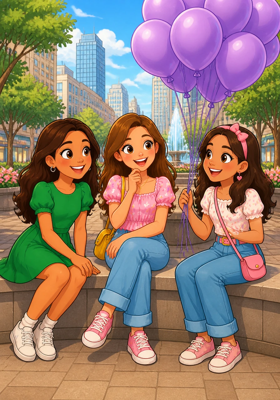 Her friends, Claire and Jade, arrive with a bundle of purple balloons. They share a giggle and take a seat together to talk about the fun things they will do in the middle of the city.