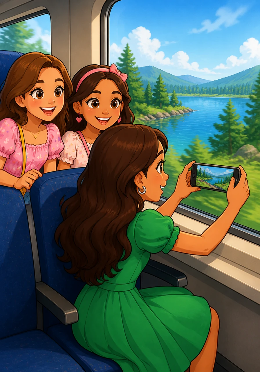 As the train moves, Maya looks out the window at the green trees and blue lakes. She uses her phone to take a clear photo of the beautiful view while they travel.