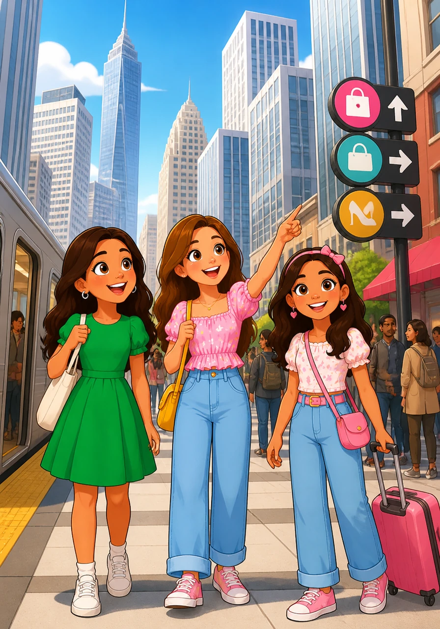 The group steps off the train into the middle of the busy city streets. They gaze up at the tall steel buildings and follow the simple signs to find the best shops.