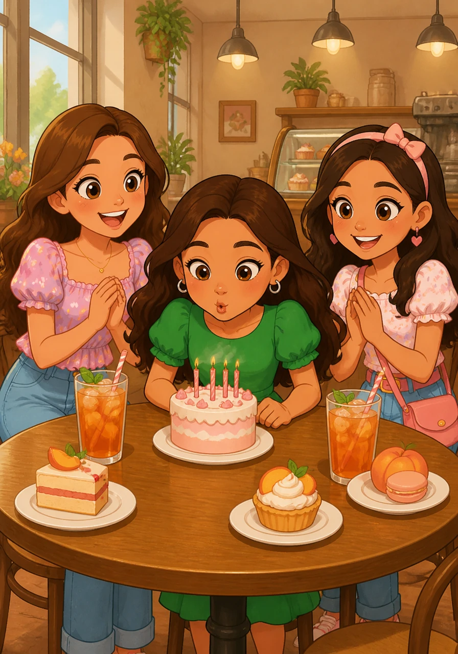 They stop at a small cafe to eat sweet treats and drink cold peach tea. Maya blows out the candles on a little cake while her friends sing a happy tune.