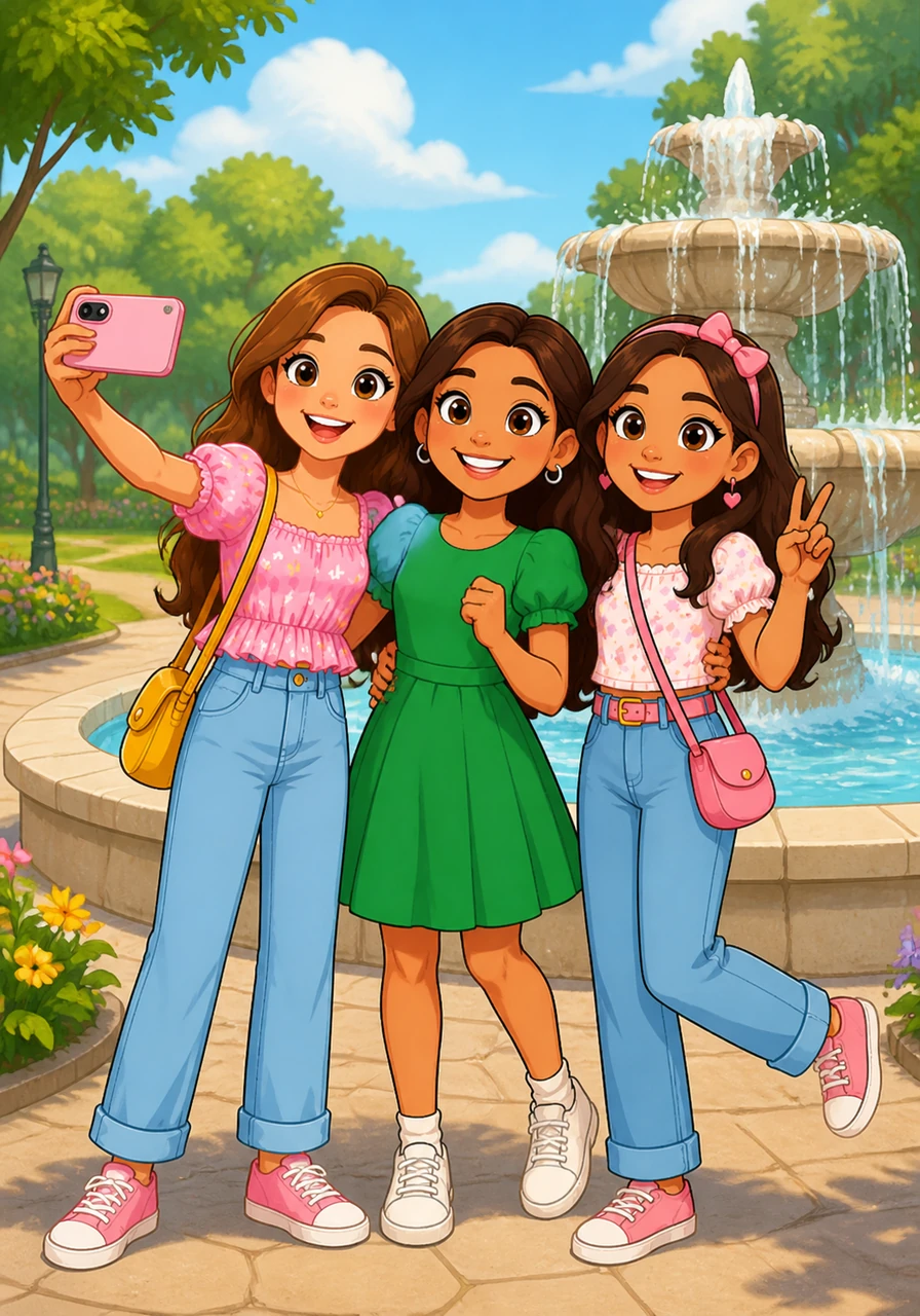The girls walk past a fountain and stop to take a group photo to save the memory. Maya feels brave and happy as they explore the park and play a simple game.