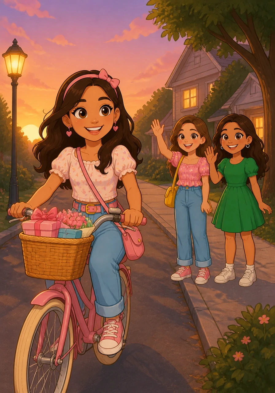 As the day ends, Maya rides home feeling very glad for her wonderful friends. It was a sweet birthday, and she feels lucky to have such a gentle circle of people in her life.