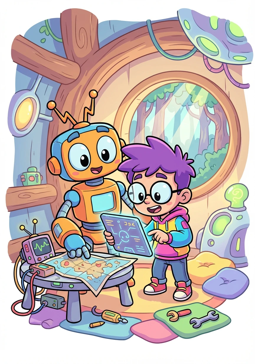 Following the map, G. Tee met a tech-savvy kid named Pixel, who helped him decipher the cryptic clues. They formed an unlikely friendship.