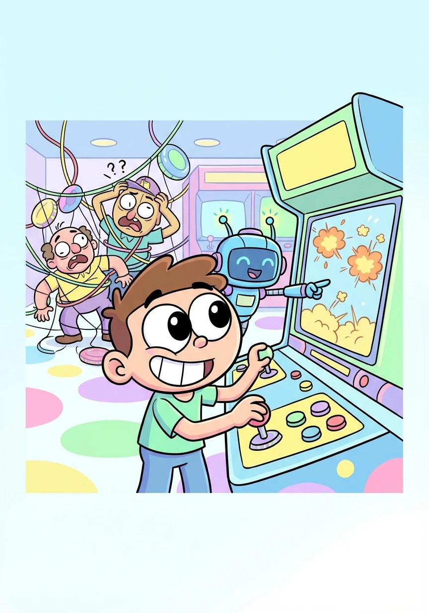 A showdown ensued! G. Tee and Pixel used their wits and the arcade games to outsmart the gang, turning the tables in a hilarious battle of skill and strategy.