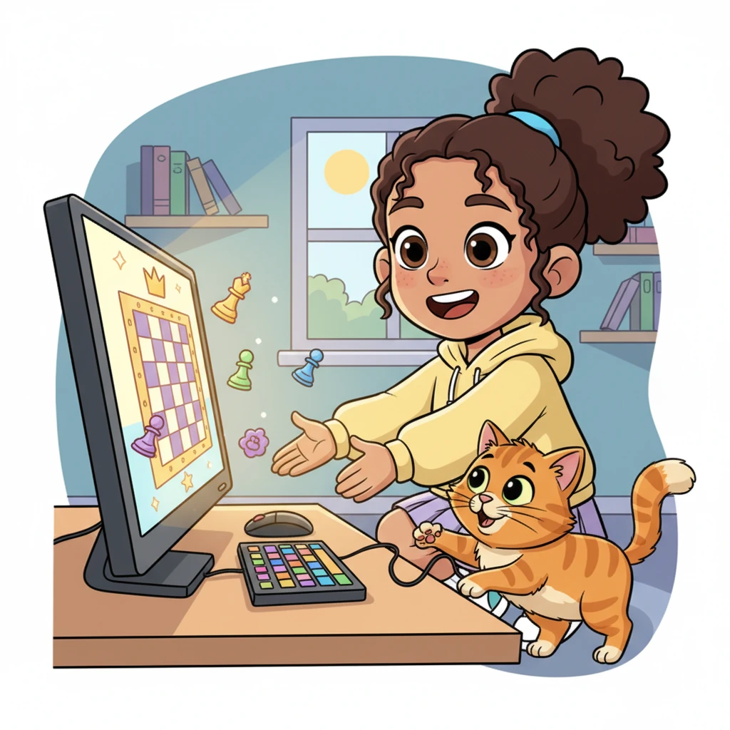 Mindy, a cheerful girl with bright, curious eyes, discovers a glowing computer screen displaying a colorful new website called 'Chess Kingdom Online.' Her pet cat, Whiskers, playfully bats at a dangling mouse cord beside her. The screen shows a vibrant chessboard logo, inviting her in.