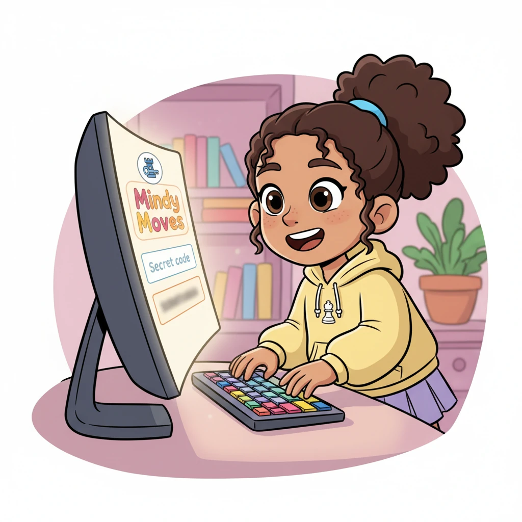 With a spark of excitement, Mindy leans closer to the screen, her fingers poised over the keyboard. The website prompts her to enter her name and a secret code. She eagerly types 'Mindy Moves' into the name field, her smile wide with anticipation.