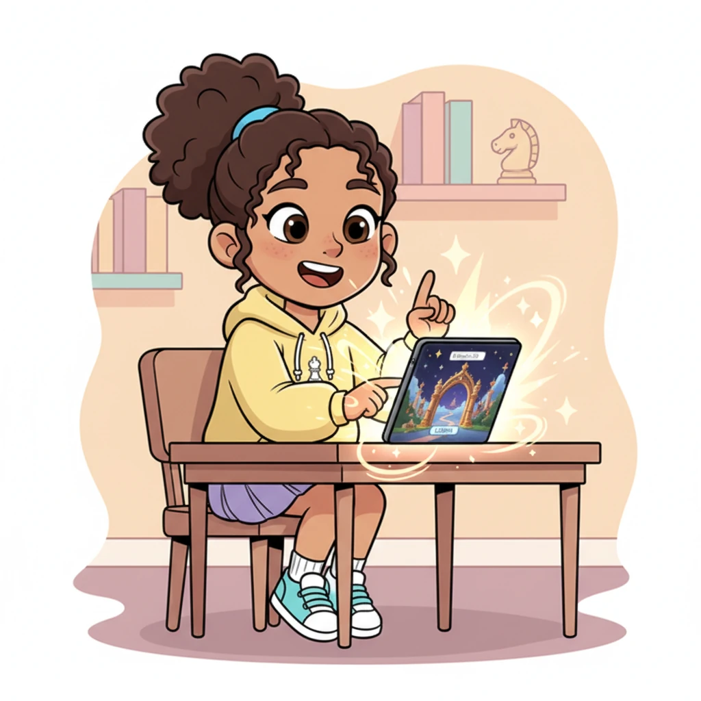 Mindy confidently types 'Batch28' into the secret code box, a little flourish in her movement. The screen instantly transforms, revealing a grand, animated entrance to a magical chess world. Sparkling effects burst around the login button, welcoming her inside.