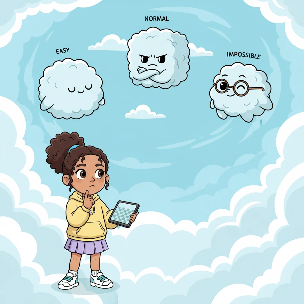 Inside 'Chess Kingdom Online,' Mindy sees three whimsical AI bot characters floating in the clouds: a sleepy, friendly 'Easy' bot, a focused, slightly stern 'Normal' bot, and a super-smart, winking 'Impossible' bot with tiny glasses. She ponders which one to challenge first.