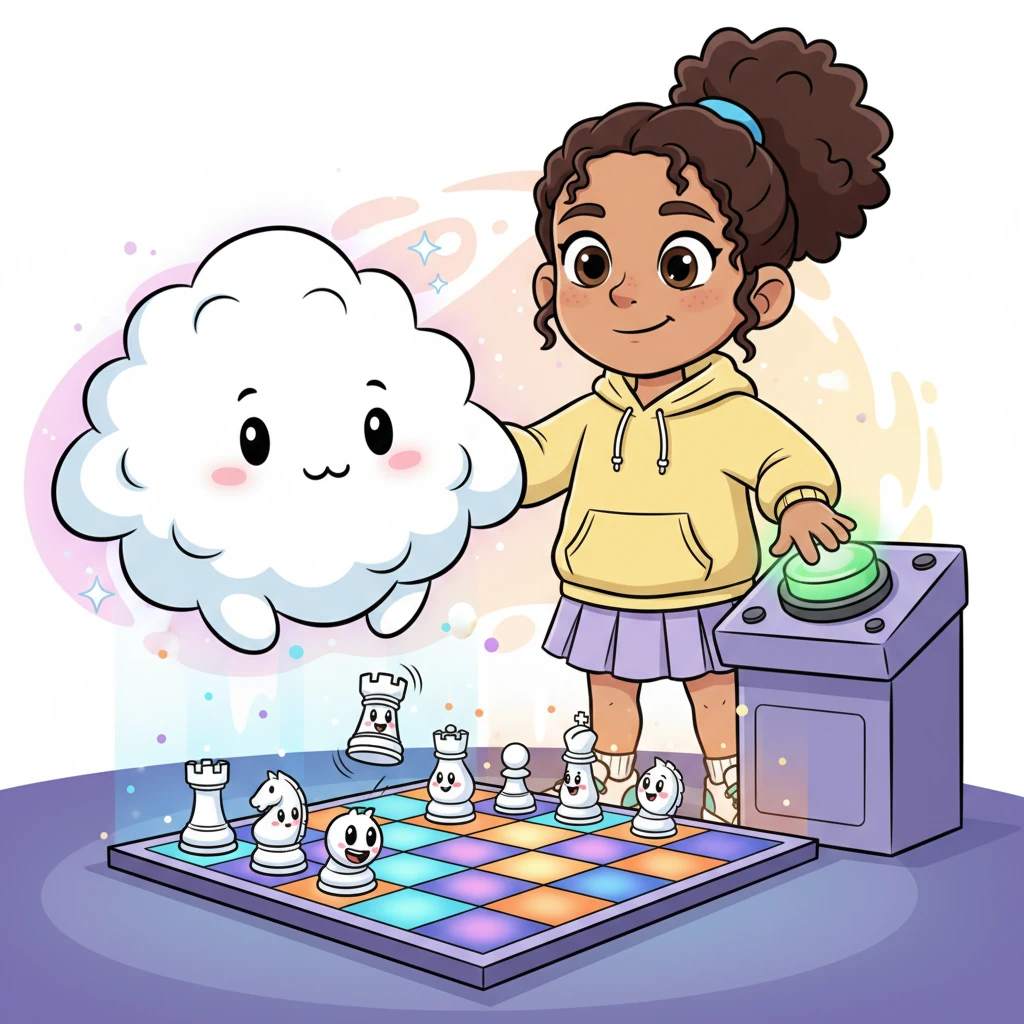 Mindy decides to start with the 'Easy' bot, a fluffy cloud creature with a gentle smile. She clicks its button, and a vibrant chessboard materializes, ready for play. Her chess pieces, with exaggerated, friendly faces, bounce slightly on their squares, eager for action.