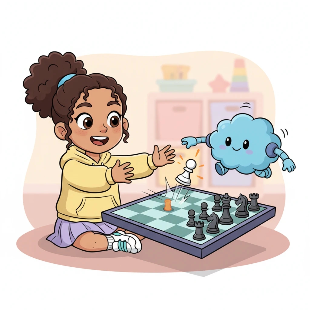 Mindy makes her first move, a pawn hopping forward with a tiny 'boing!' sound. The 'Easy' bot responds with a simple, friendly move, its cloud-like body jiggling. The game unfolds with bright, clear animations for each piece, making learning chess fun and intuitive.