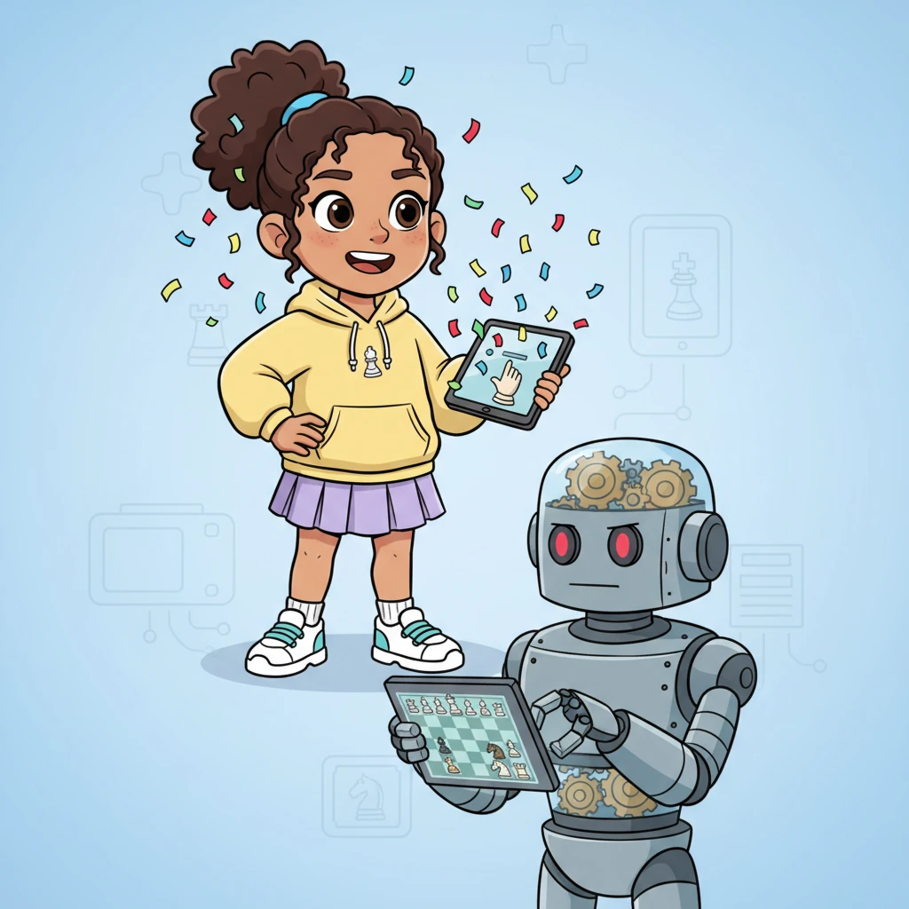 After a delightful game, Mindy triumphantly captures the 'Easy' bot's king, and colorful confetti rains down on her screen. Feeling confident, she decides to challenge the 'Normal' bot next, a more serious-looking robot with gears turning in its head. This game is a bit trickier, requiring her to think harder.
