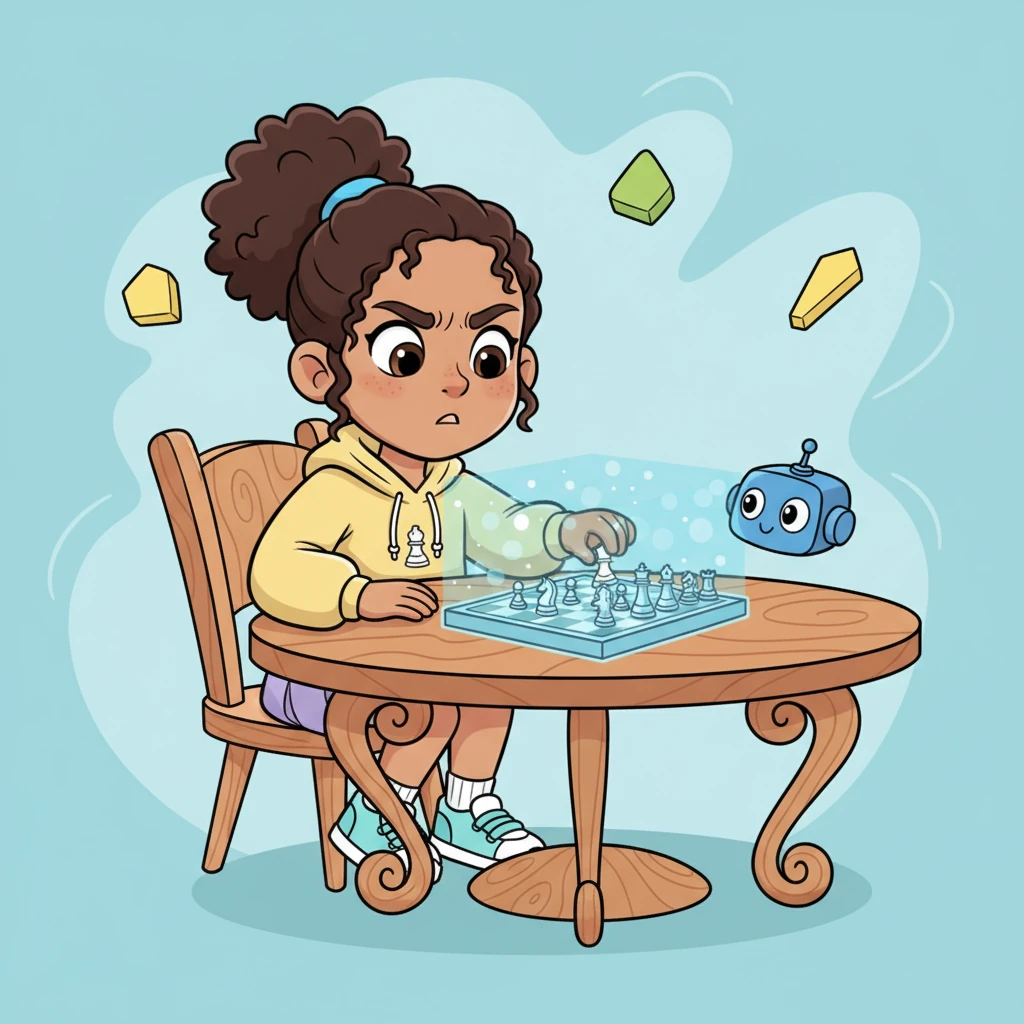 The 'Normal' bot provides a good challenge, making Mindy strategize and think carefully about each move. Even if she doesn't win this time, she learns new tactics and enjoys the mental workout. Her brow furrows in concentration, but a determined sparkle remains in her eyes.