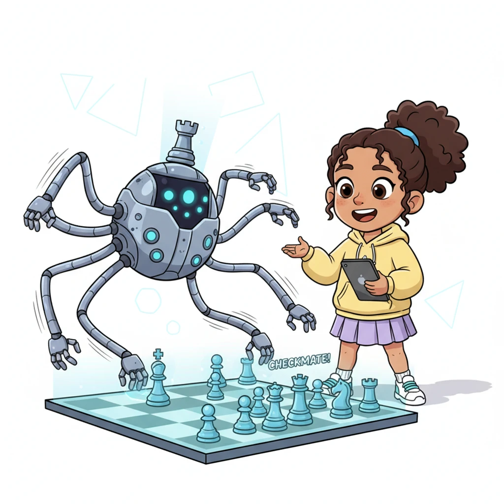 Finally, Mindy faces the 'Impossible' bot, a super-fast, multi-armed AI that makes lightning-quick, brilliant moves. Though it's incredibly tough, Mindy observes its strategies and learns advanced chess concepts. She laughs playfully even when her king is checkmated, impressed by the bot's skill.