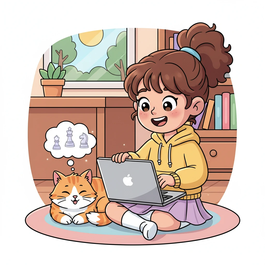 Mindy, beaming with newfound chess wisdom, closes her laptop with a happy sigh. She imagines all the friends she can invite to 'Chess Kingdom Online' to share the fun and challenge the bots. Her cat, Whiskers, purrs contentedly beside her, dreaming of paw-sized chess pieces.