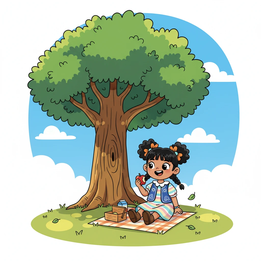 As the sun reaches its highest point, casting warm light directly down, Ana knows it's time for a well-deserved break. She happily munches on her lunch beneath the wide, cool shade of a towering tree, feeling the gentle breeze on her face.