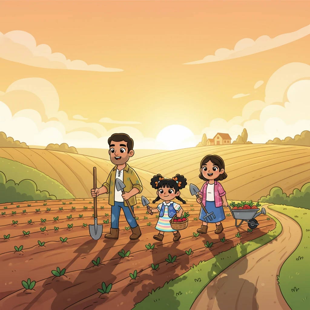 Later in the afternoon, long, playful shadows stretch across the fields, signaling the end of their work. Ana and her family gather their tools, ready to head home and prepare a delicious dinner, their day's tasks nearly complete.