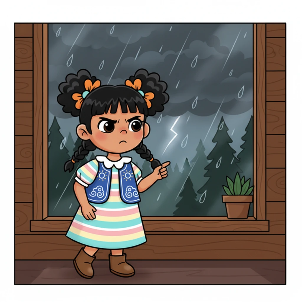 One gloomy morning, heavy rain clouds blanket Mount Abong, making the sky dark and grey. Ana looks out, her brow furrowed in confusion, wondering if it's morning, noon, or evening without the sun to guide her.