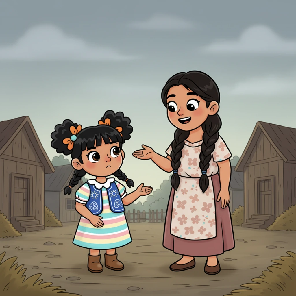 Feeling utterly lost about the time, Ana turns to her kind mother, her eyes full of questions. Her mother smiles gently, explaining that even when the sky is dim, they still know it's time for their morning tasks.