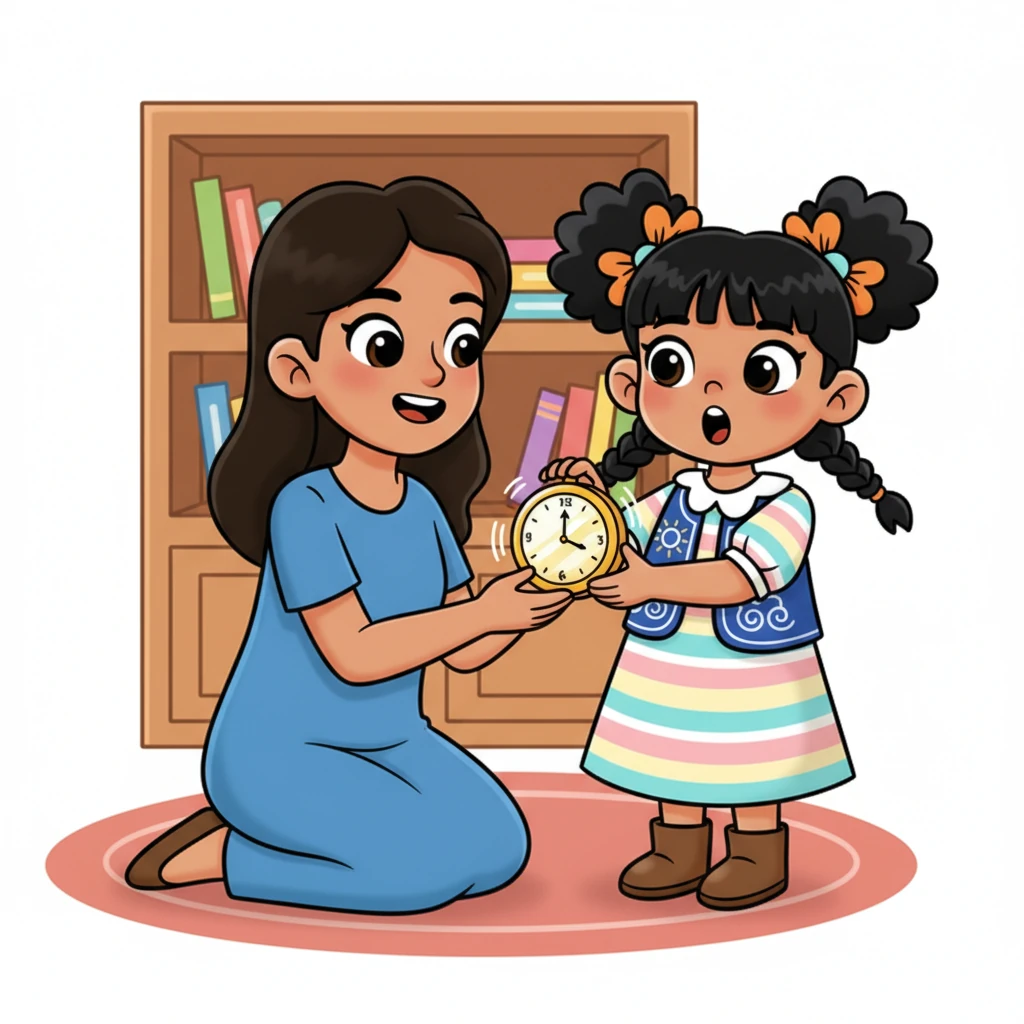 A wonderful surprise! Ana's mother presents her with a small, shiny clock, its hands ticking softly. Ana's eyes widen with delight and curiosity, eager to understand this magical new device.