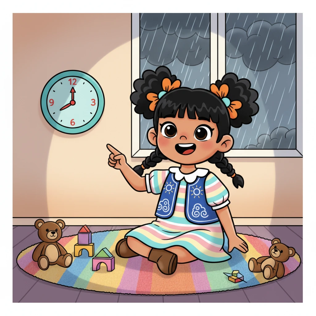 Now, even when the rain pours and the sky is dark, Ana sits in her cozy room, a triumphant smile on her face. She glances at her little clock, its numbers clear, knowing exactly what time it is.