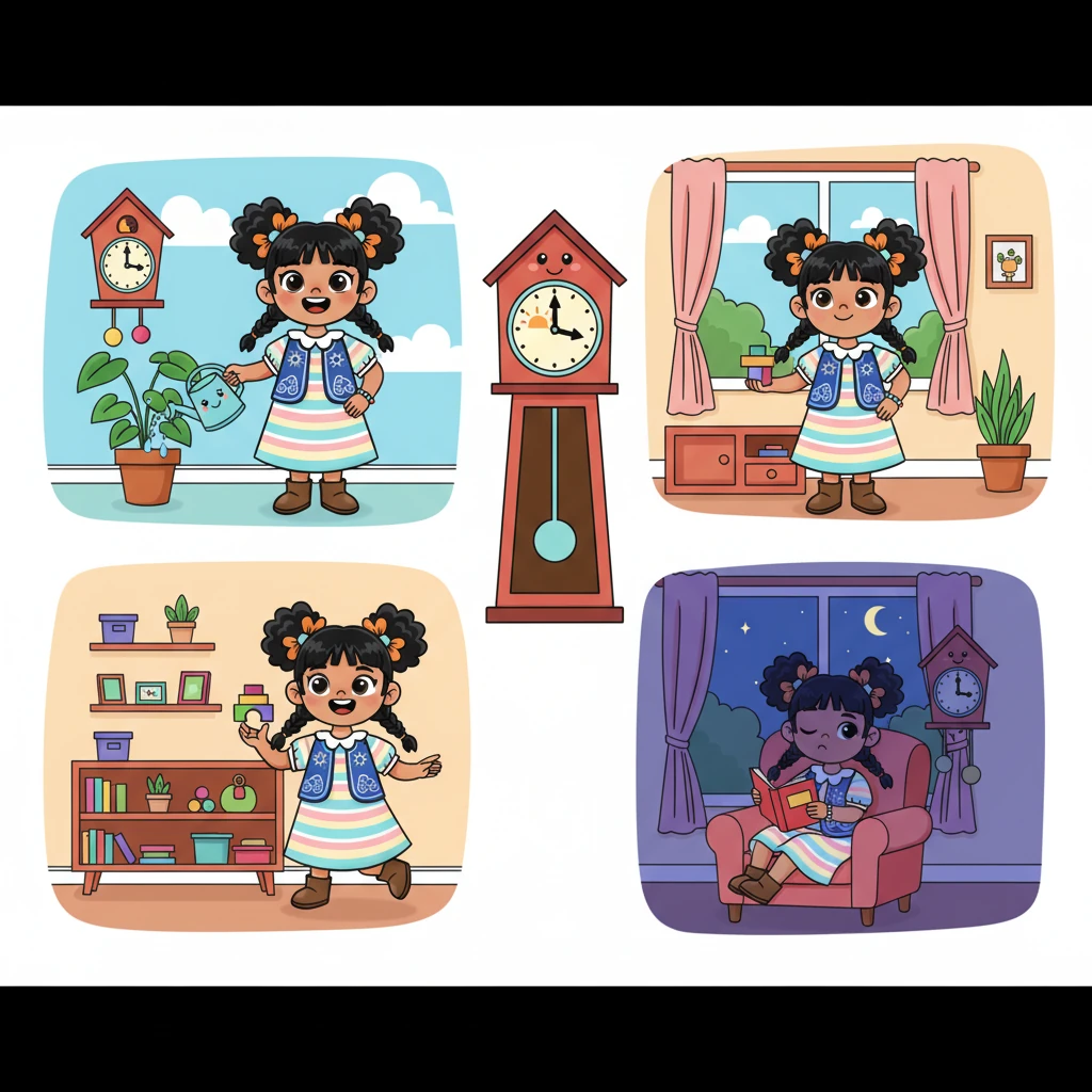 With her new clock, Ana finds her day much easier and more organized. She finishes her chores with confidence, always knowing when it's time to help, play, or rest, her tasks flowing smoothly from morning to night.