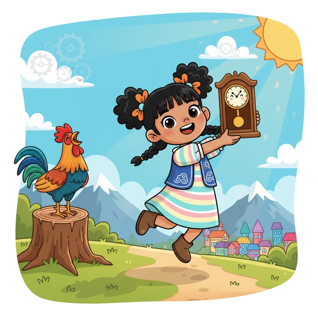 Ana understands that while the rooster's crow, the sun, and the shadows are precious reminders of the past, her little clock brings order and a happy rhythm to everyday life in Mount Abong, making every day bright and clear.