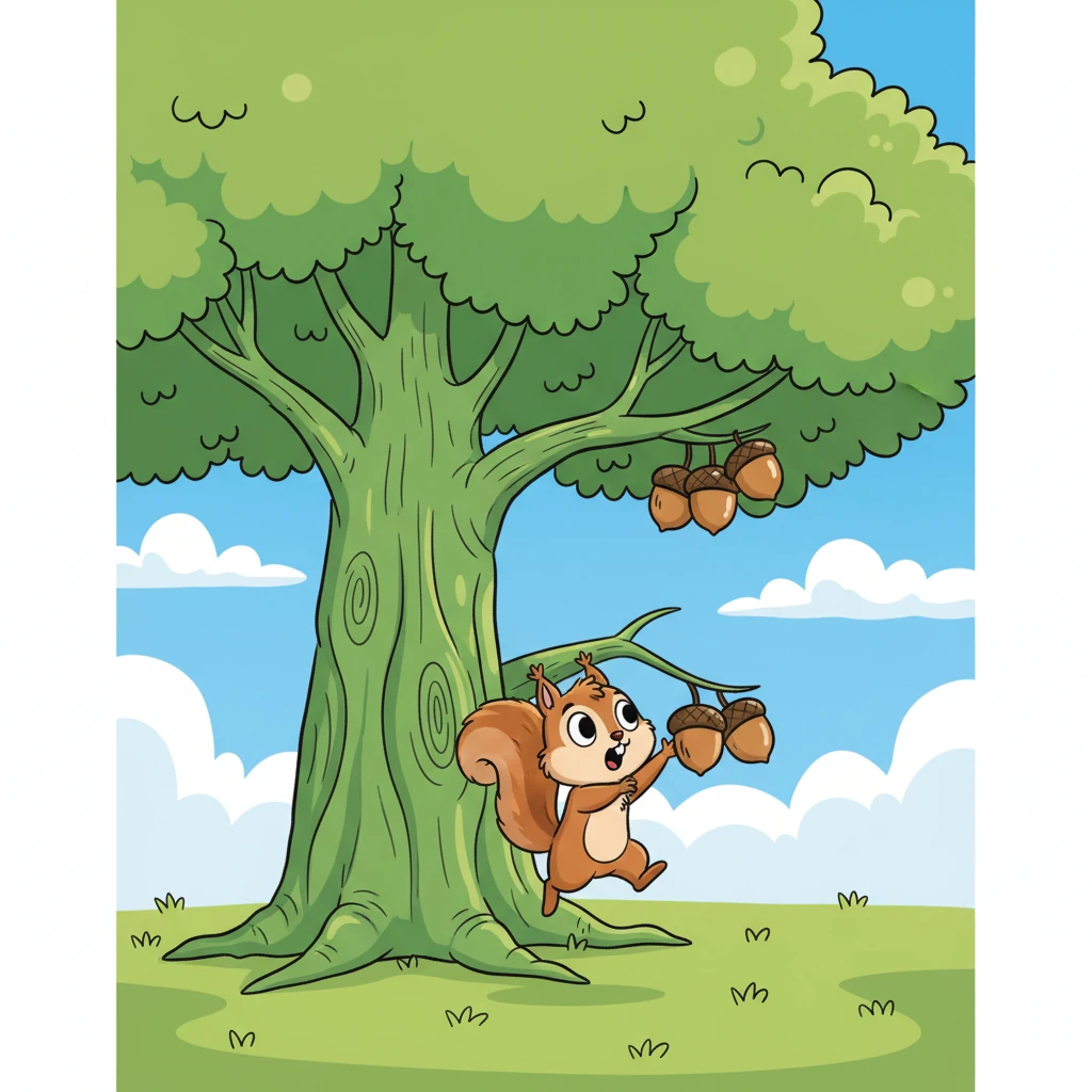 Pip the squirrel bounced with joy. He loved his big, green tree and its tasty, round acorns. But one sunny morning, all the acorns were gone! His little face looked very surprised.