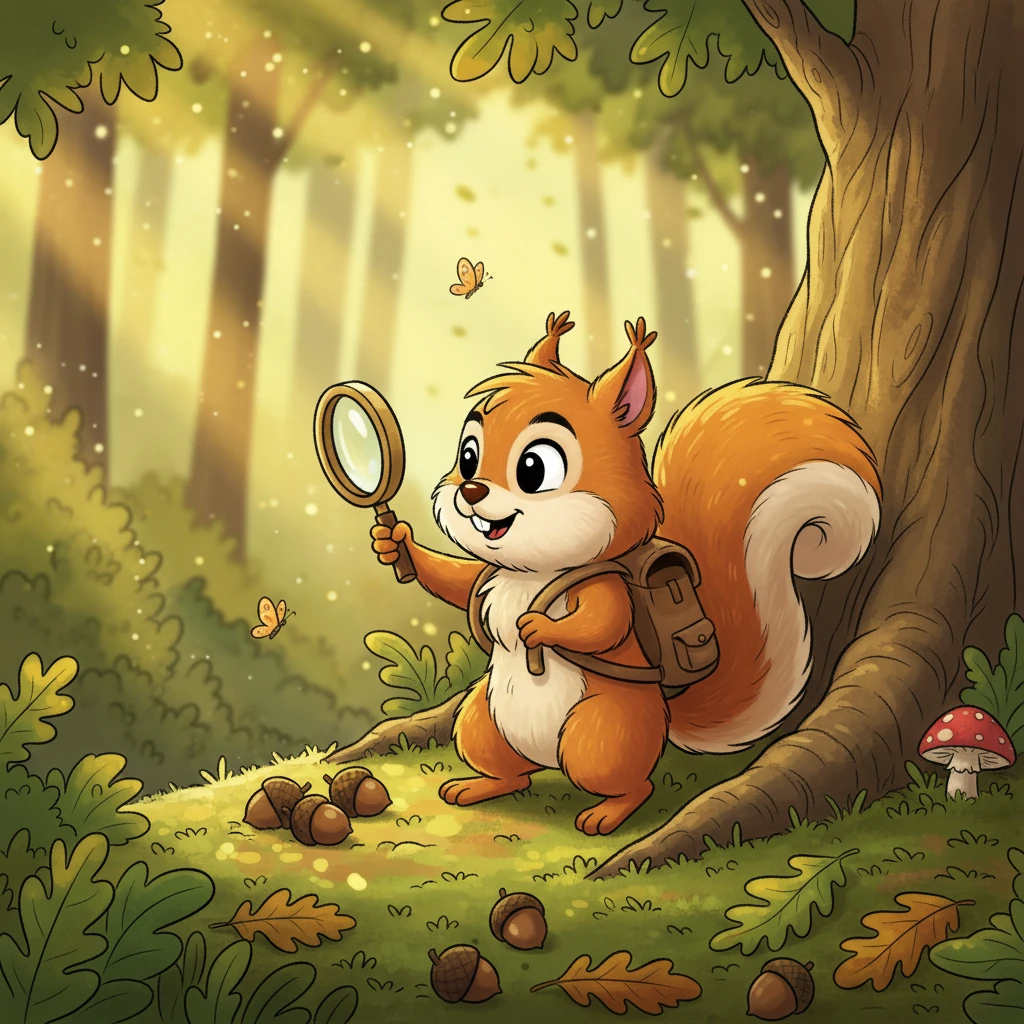 Pip put on his tiny backpack and grabbed a small magnifying glass. He was a brave little squirrel ready for an adventure! He decided to find his missing acorns.