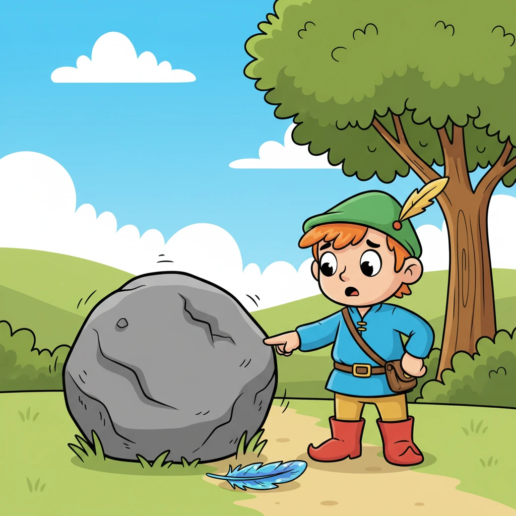 Soon, Pip found a shiny, blue feather near his tree. It was a clue! But then, a giant, wobbly rock blocked his path. Oh no!