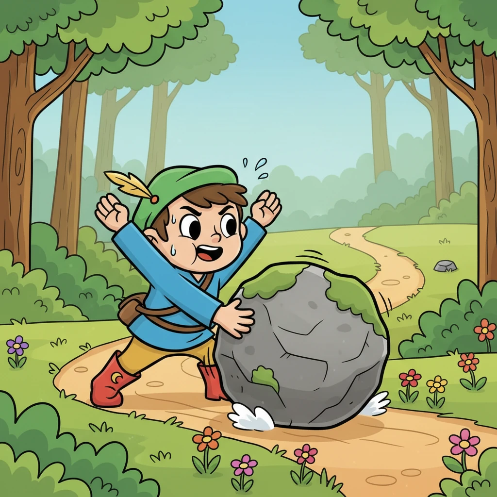 Pip puffed out his cheeks and pushed with all his might. The big rock slowly rolled away! He felt super strong and gave a happy cheer.