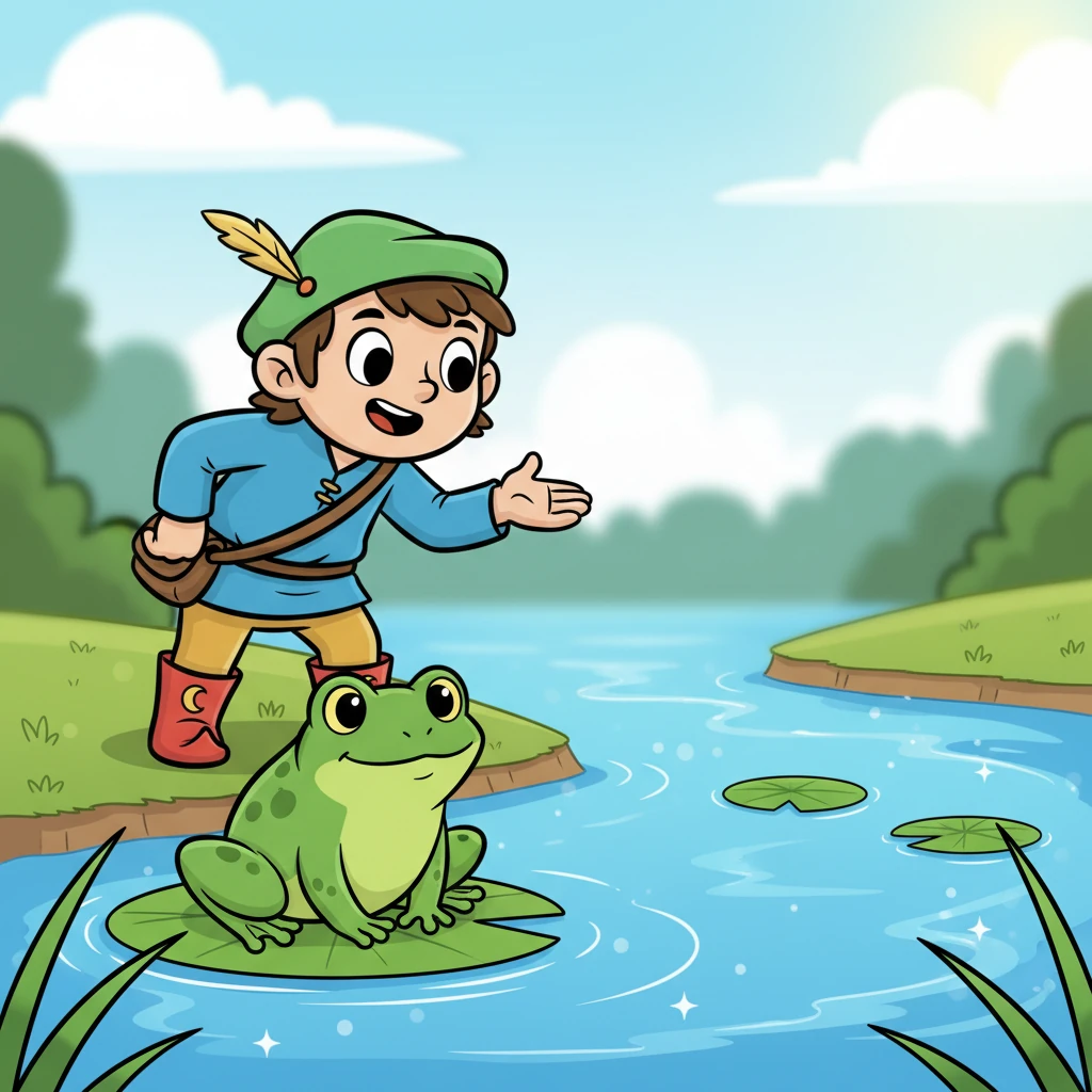 Following the feather, Pip arrived at a sparkling, blue river. He saw a friendly, green frog sitting on a lily pad. "Can you help me?" Pip asked.