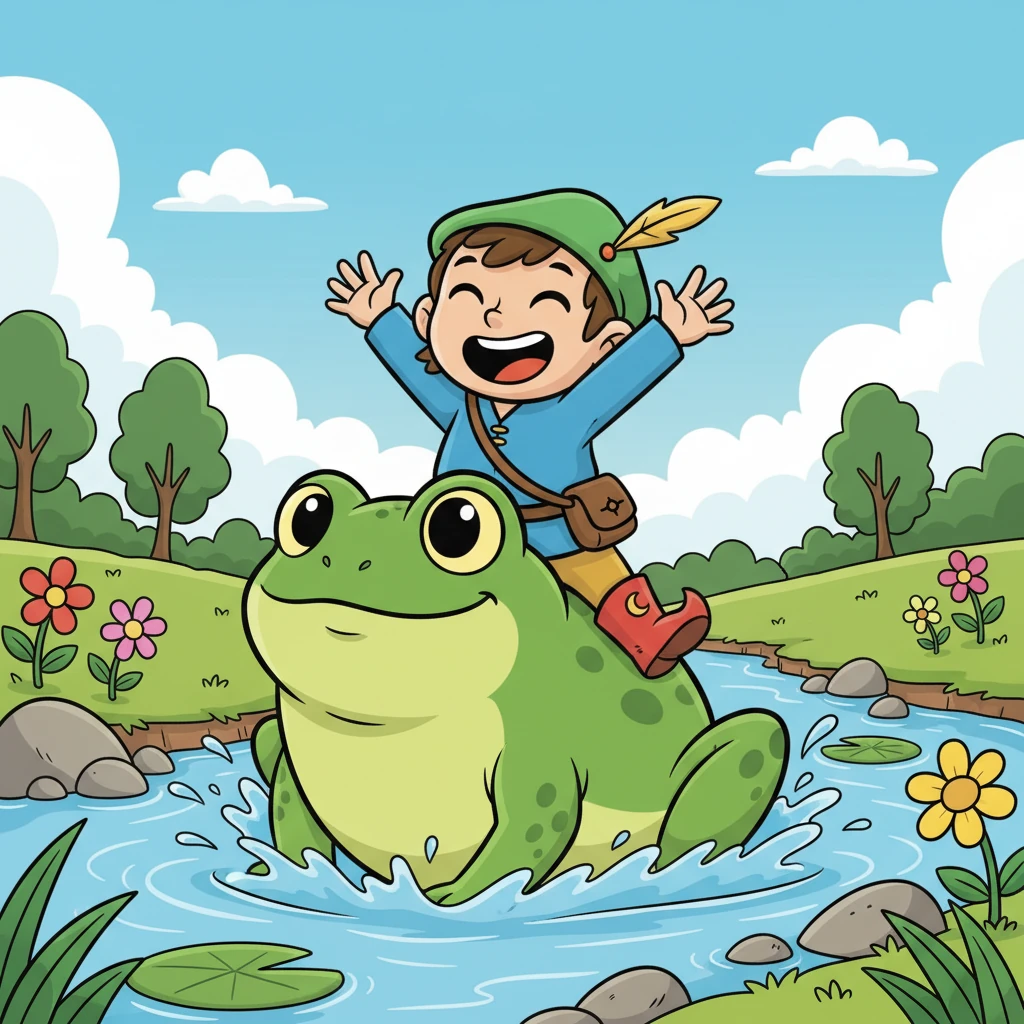 The kind frog smiled and offered a ride. Pip hopped onto the frog's bumpy back, giggling all the way. Splash, splash, they crossed the river!