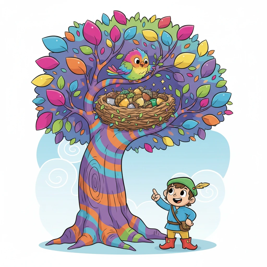 On the other side, they found a huge, colorful tree. A fluffy, rainbow bird was busy building a cozy nest. The nest was full of shiny, round acorns!