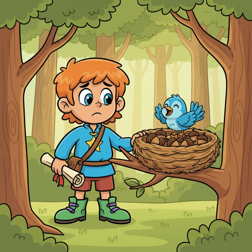 Pip's eyes grew wide. The bird had collected all the acorns for its beautiful home. Pip felt a little sad, but the bird looked so happy.