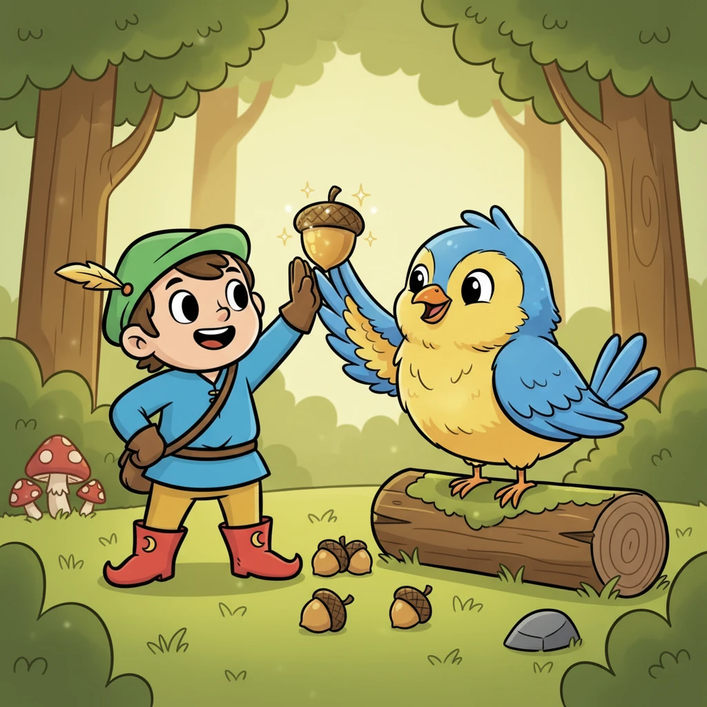 The kind bird chirped a happy song and shared some acorns with Pip. Pip gave the bird a high-five, and they became instant friends. He even got a super shiny acorn!
