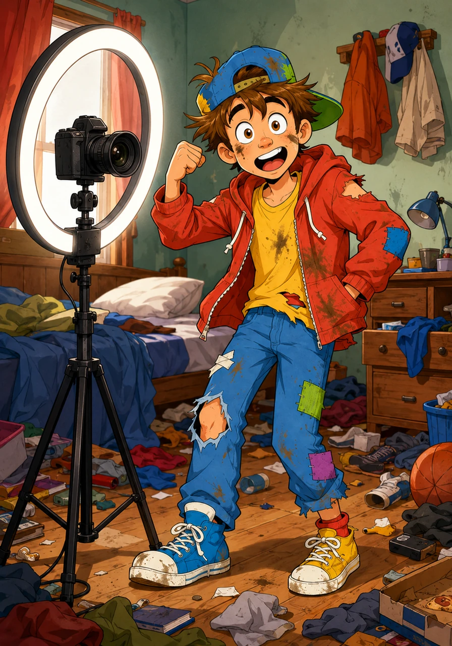 Leo has decided to become a famous internet star today. He has bought a big ring light and a new camera, but he hasn't cleaned his messy bedroom yet.