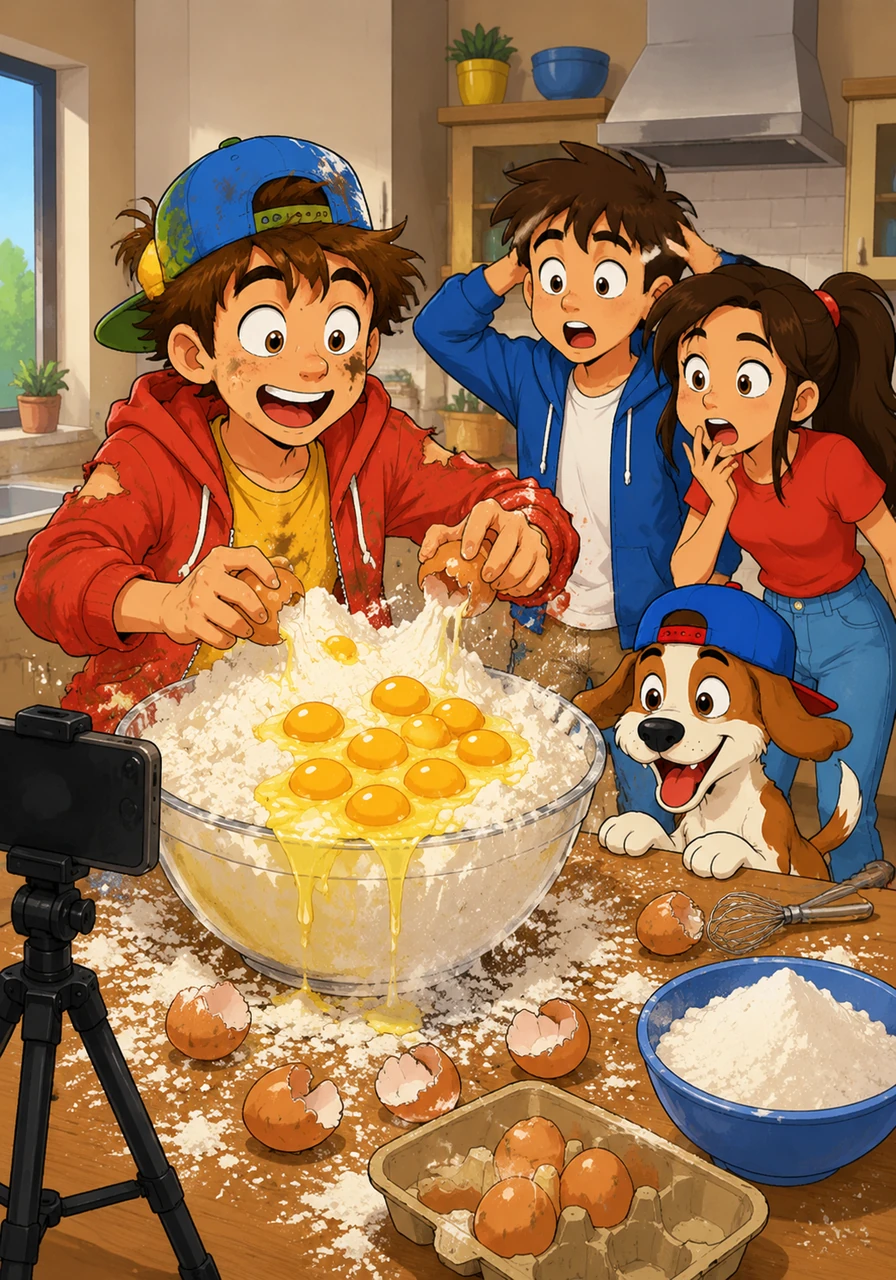 Leo wants to film a cooking video for his fans. He has put ten eggs and a lot of flour into a bowl, but he hasn't read the instructions correctly.