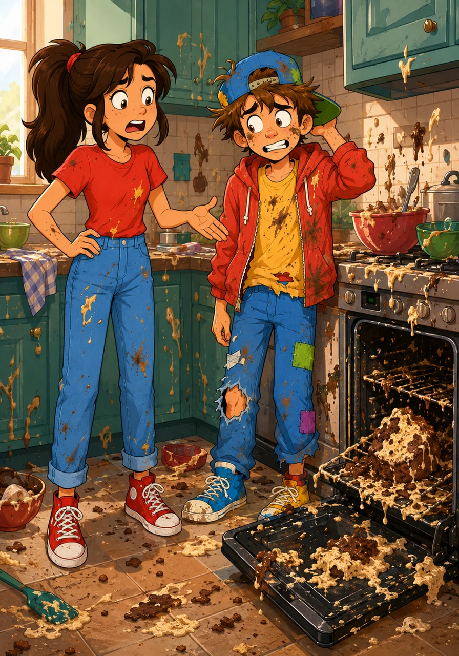 The kitchen is a total disaster because the cake has exploded in the oven. Leo’s sister looks at the mess and asks, "Have you ever used an oven before?"