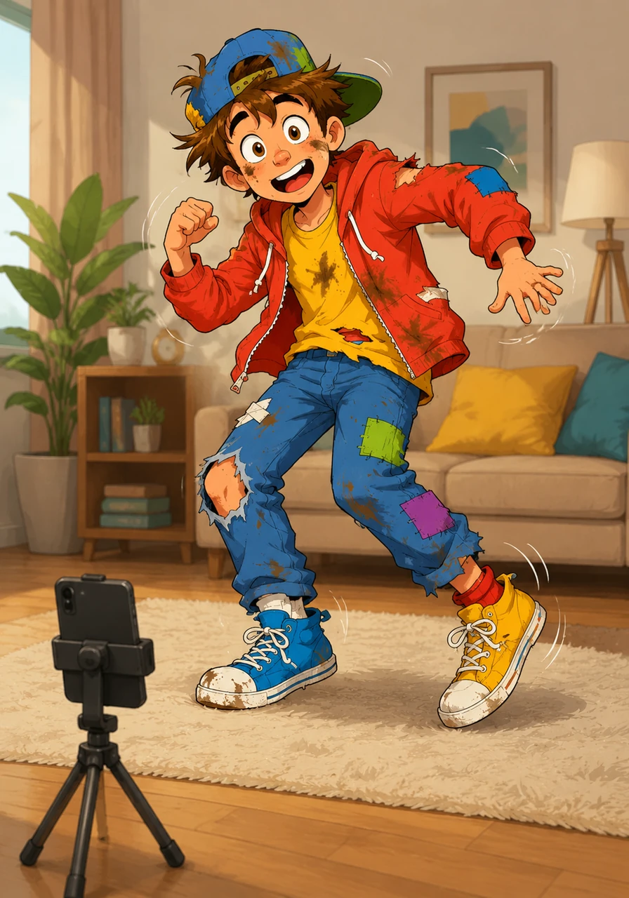Leo has moved to the living room to record a cool dance video. He has practiced the moves for two hours, but he has accidentally put on two different shoes.