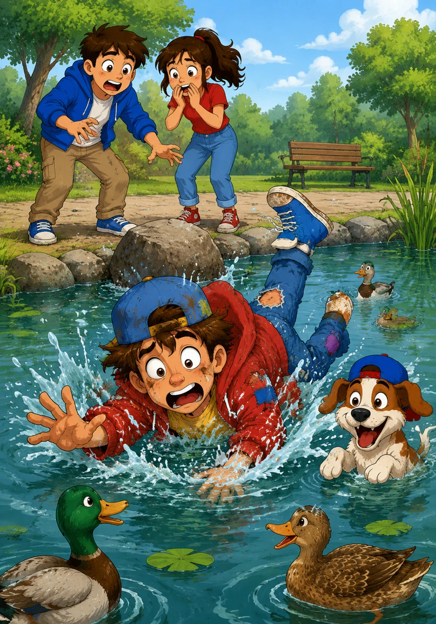 Leo has gone to the park to film some beautiful nature scenes for his followers. Unfortunately, he has tripped over a big rock and has fallen into the duck pond.