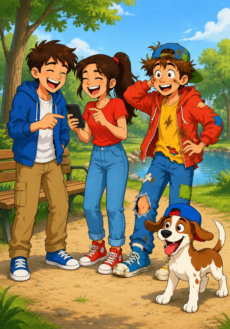 His friends, Sam and Kim, have arrived at the park and are laughing loudly. "We have just watched your pond video, and it is the funniest thing ever!" they say.