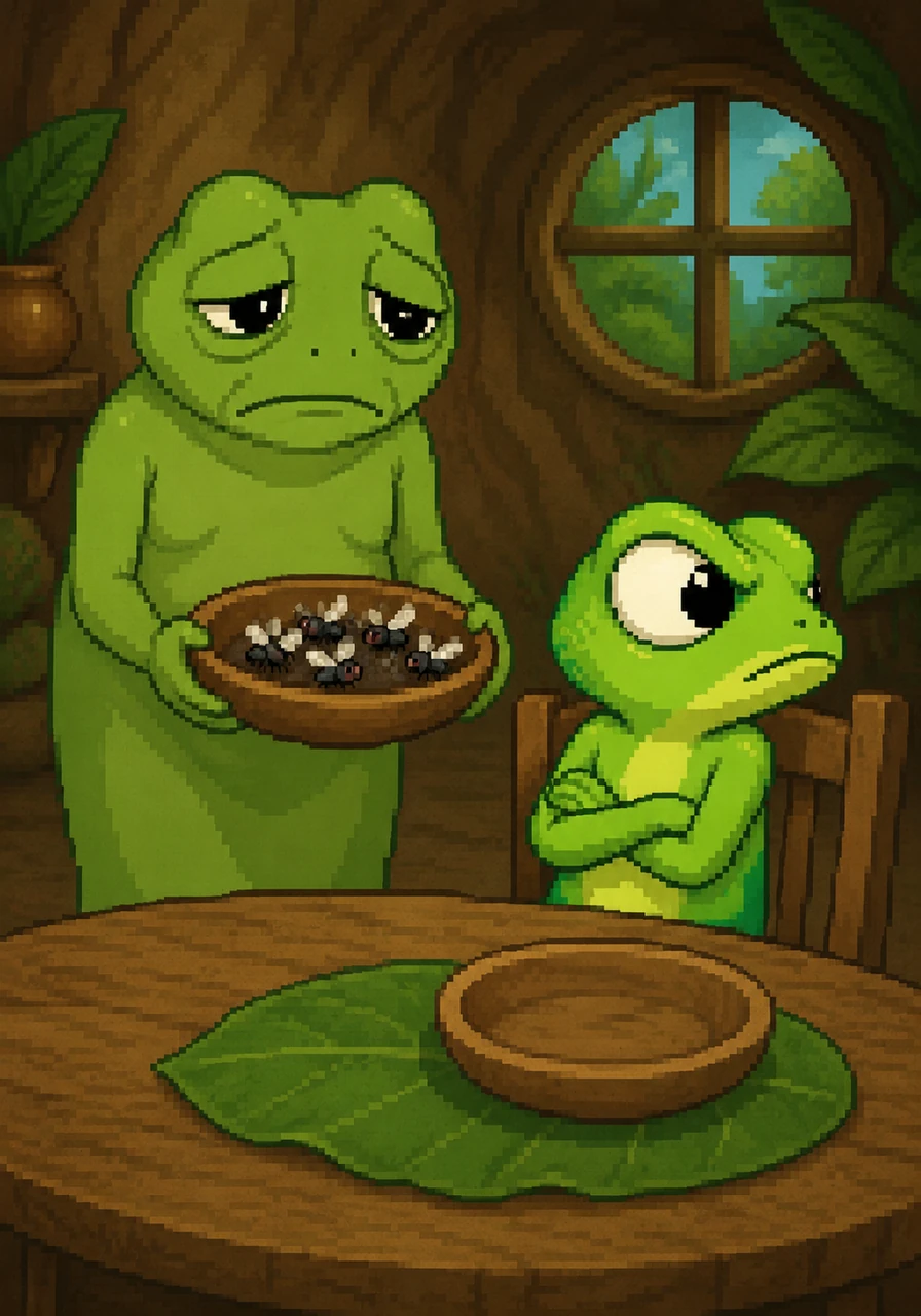 At mealtime, his mother would bring him delicious flies and ask him to eat his dinner, but Kokak would turn his head away and refuse. He always did the exact opposite of her commands, which made his poor mother very sad and tired.