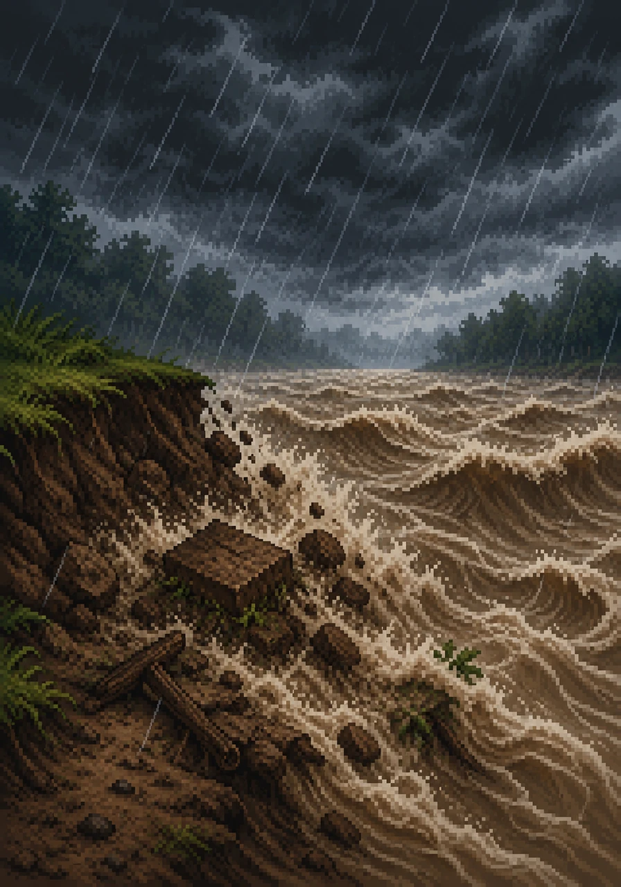 Soon, a heavy storm arrived and the river began to rise and roar with great power. The rushing water reached the soft soil of the riverbank and washed away the remains of his mother's resting place into the deep water.