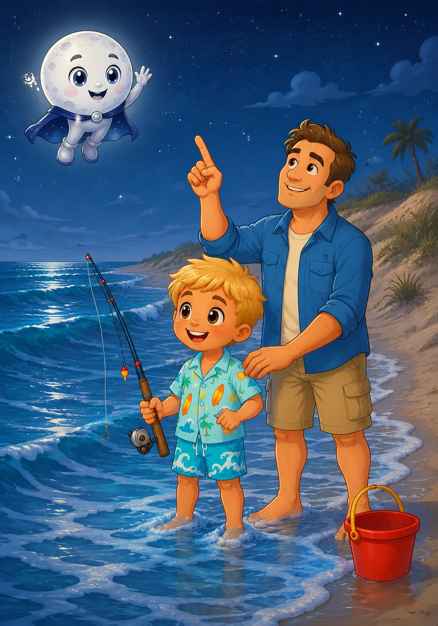Sometimes the ocean water reaches all the way up to the soft, dry sand near the dunes. Toby's dad explains that this big, deep water is called high tide. At high tide, they can cast their fishing lines straight into the rolling blue waves.