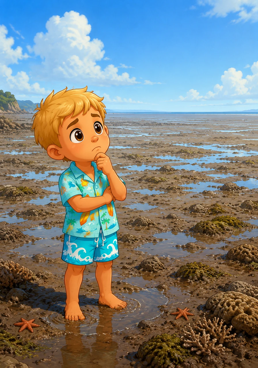 But on other days, the water retreats far away, leaving behind a massive playground of wet mud and reef. This is called low tide, and it makes the ocean look like it is hiding. Toby frowns and wonders where all the ocean water goes.