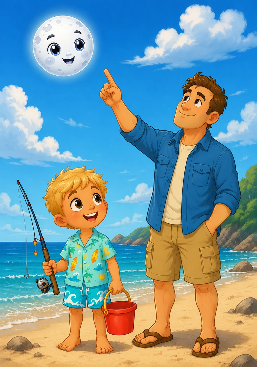 Dad points up at the daytime sky to show Toby a pale, round shape floating above the clouds. It is the Moon! Dad tells Toby a secret that the Moon is actually the boss of the ocean.